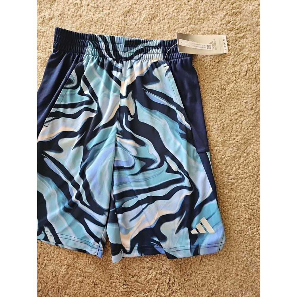 Adidas Boys Drawstring Aeroready Elastic Waistband Hyper Real Shorts Blue MEDIUM - Picture 2 of 5